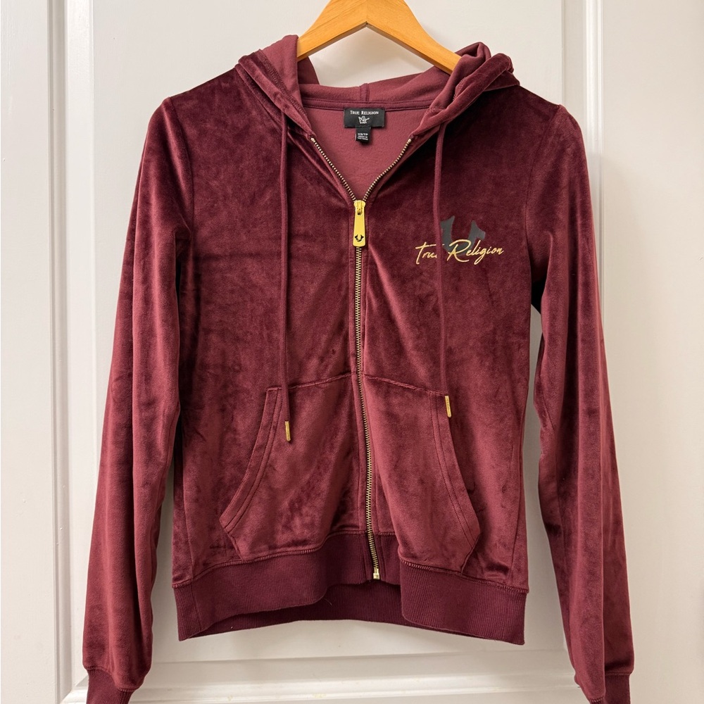 True Religion Women's Burgundy Velvet Hoodie Velour